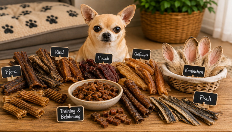Verschiedene natürliche Kauartikel für Hunde aus Rind, Pferd, Hirsch, Geflügel, Kaninchen und Fisch mit Chihuahua