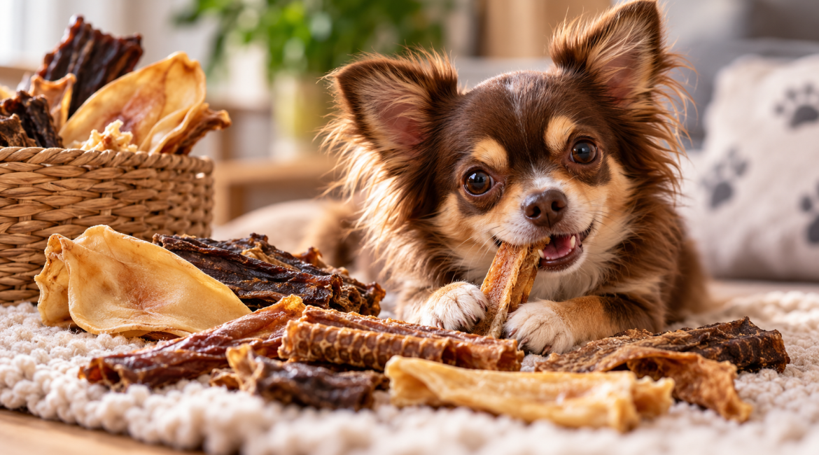 Kleiner Chihuahua mit verschiedenen natürlichen Kauartikeln und Kausnacks