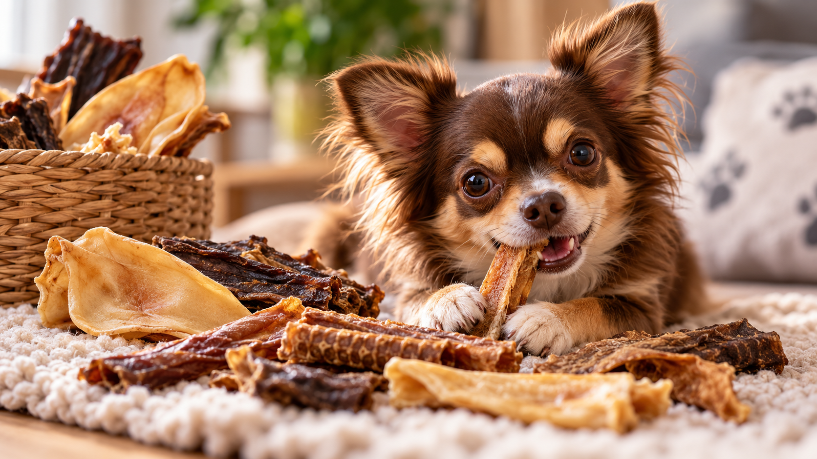 Kleiner Chihuahua mit verschiedenen natürlichen Kauartikeln und Kausnacks