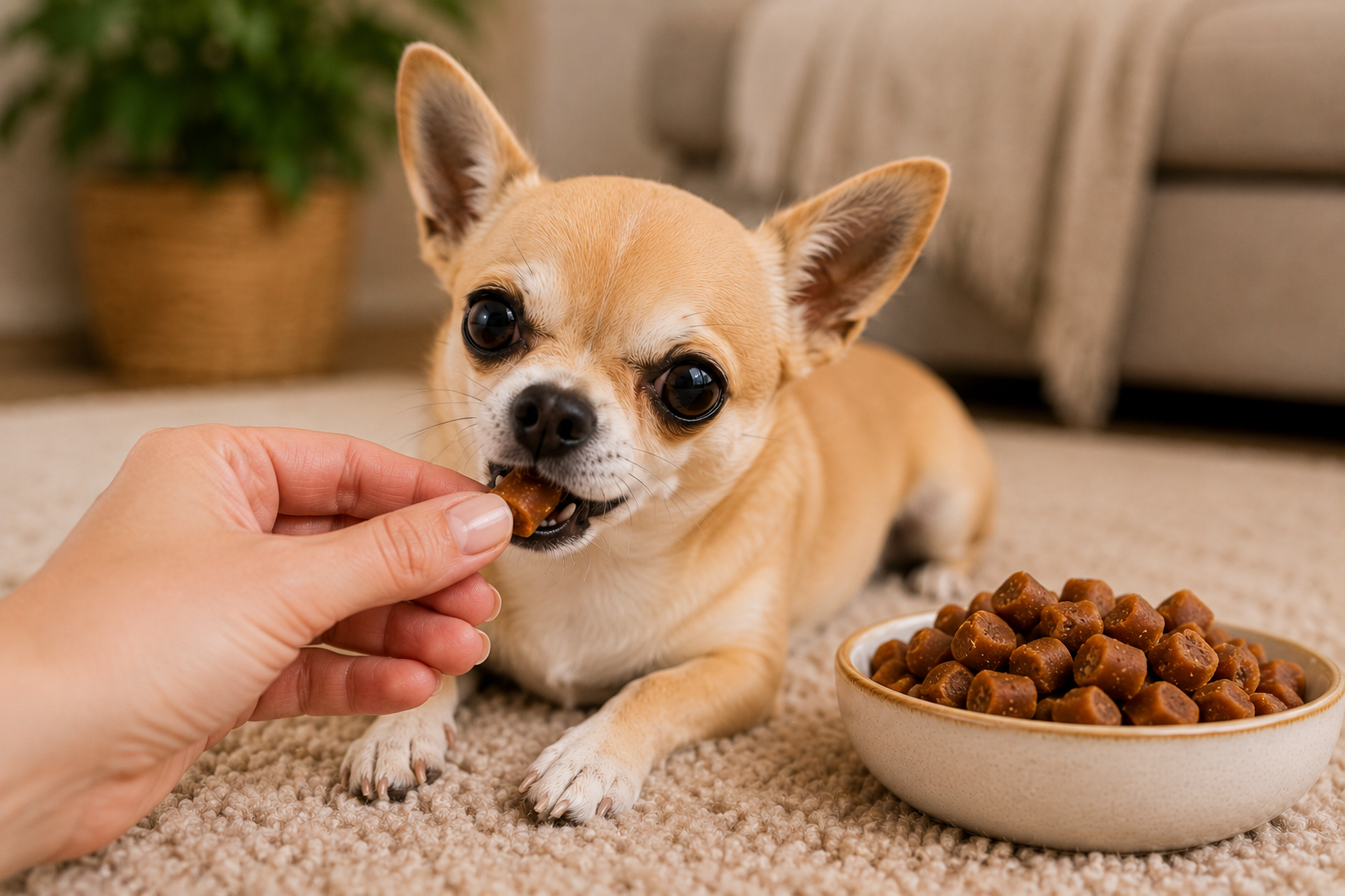Chihuahua bekommt einen weichen Happen mit Lachs und Geflügel als Belohnung aus der Hand