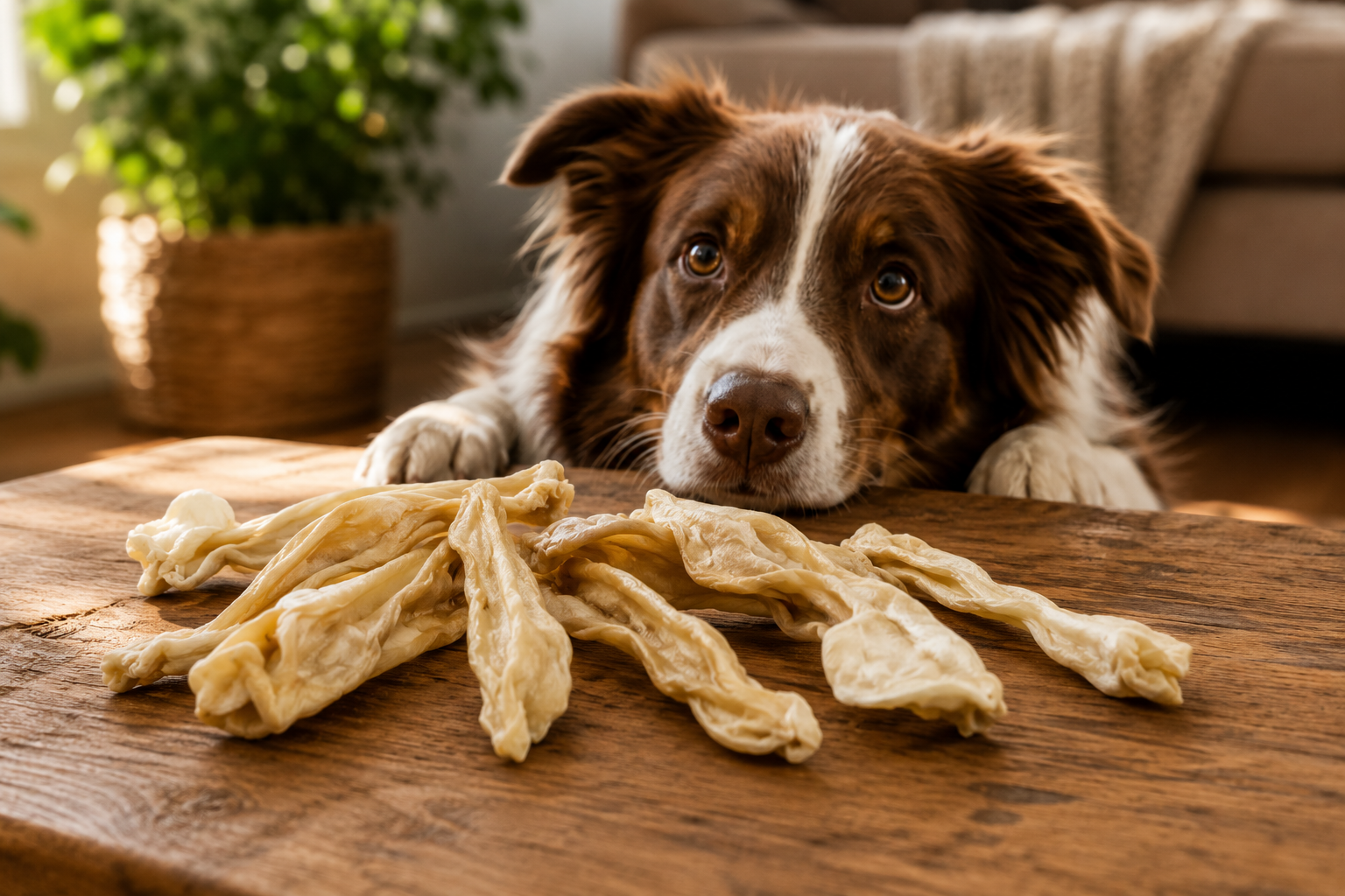 Getrocknete Kaninchenohren für Hunde mit erwartungsvoll schauendem Hund im Hintergrund