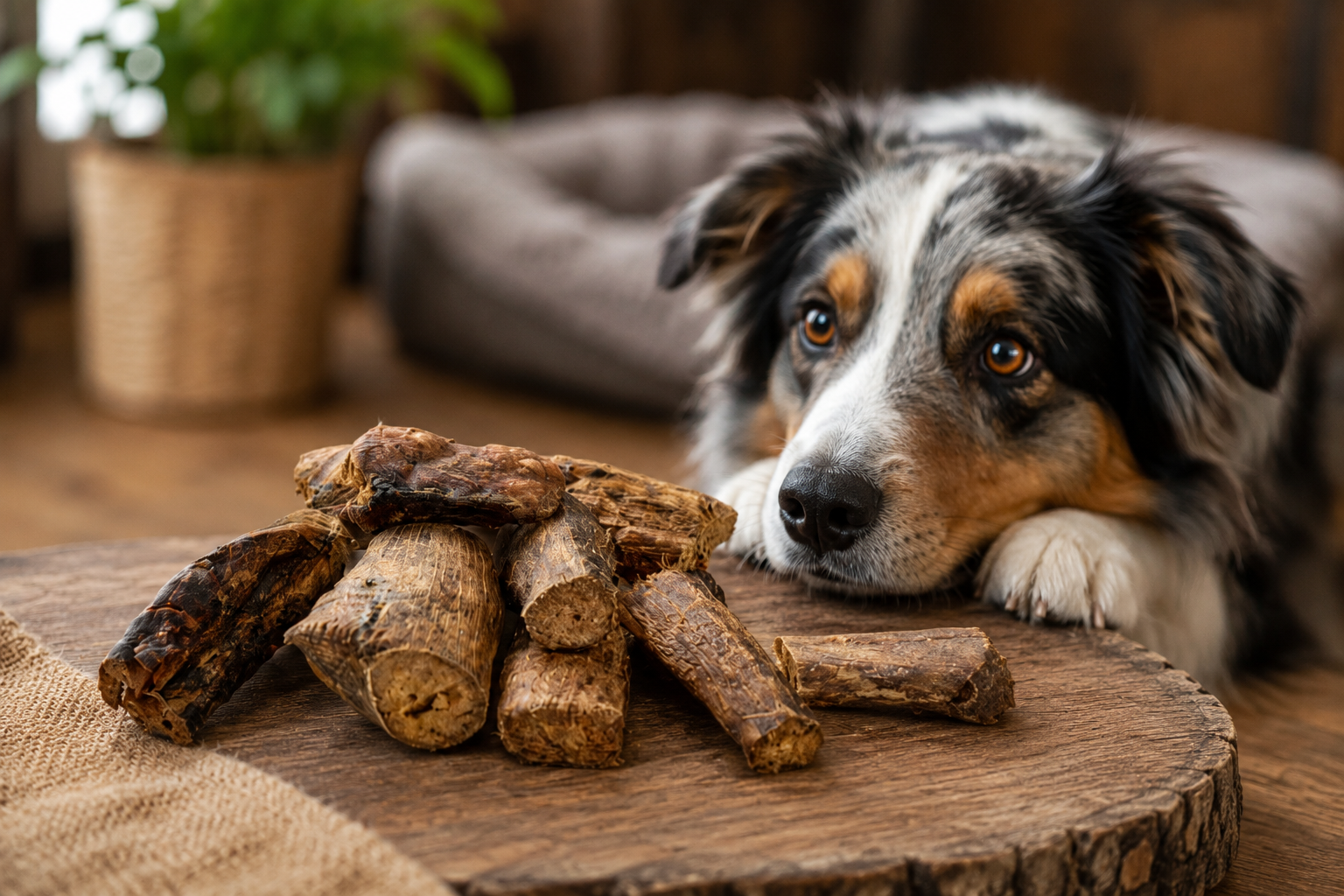 Geschnittene getrocknete Hirschlunge für Hunde mit erwartungsvoll schauendem Hund