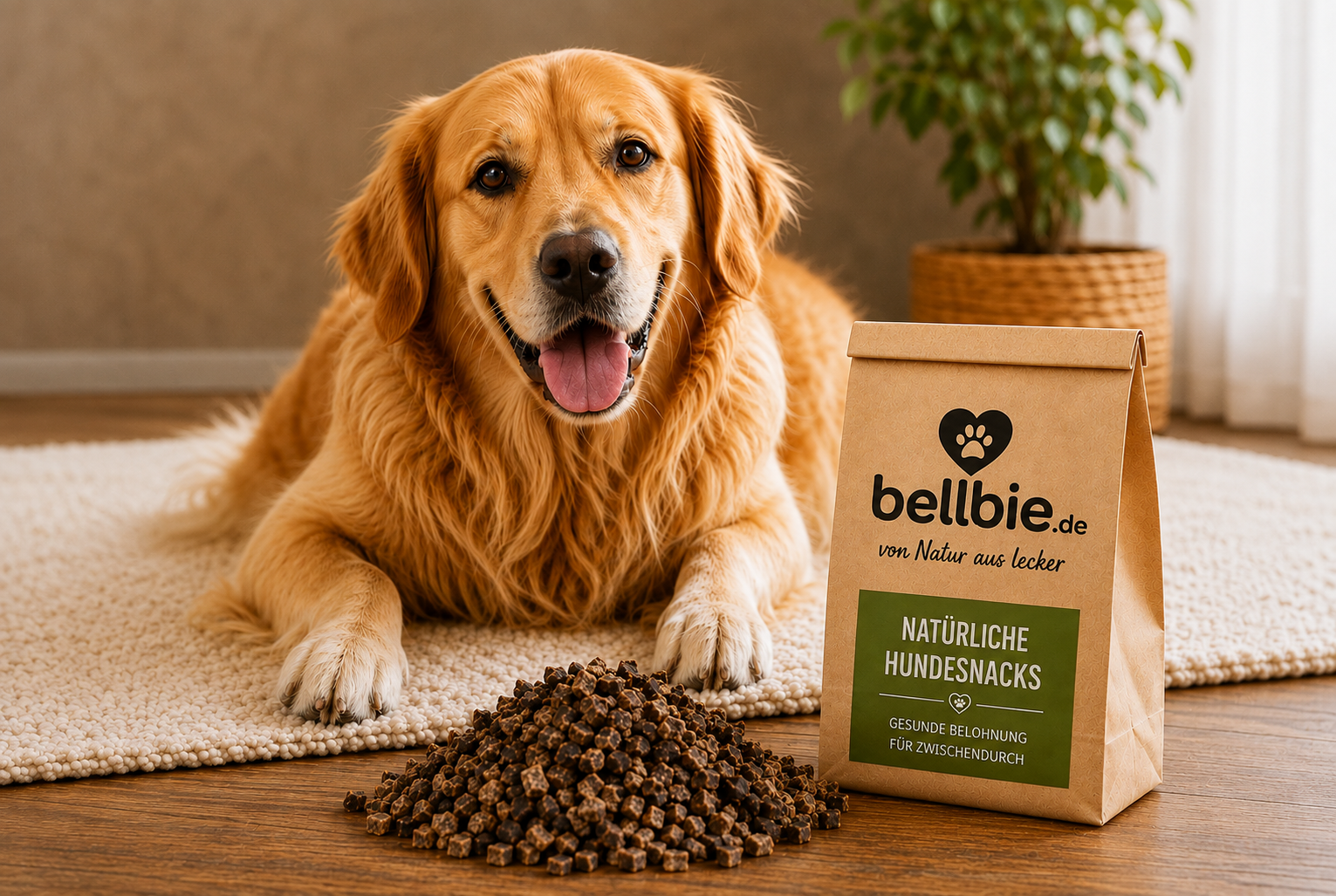 Golden Retriever mit natürlichen Hundesnacks von Bellbie und einer Packung bellbie.de