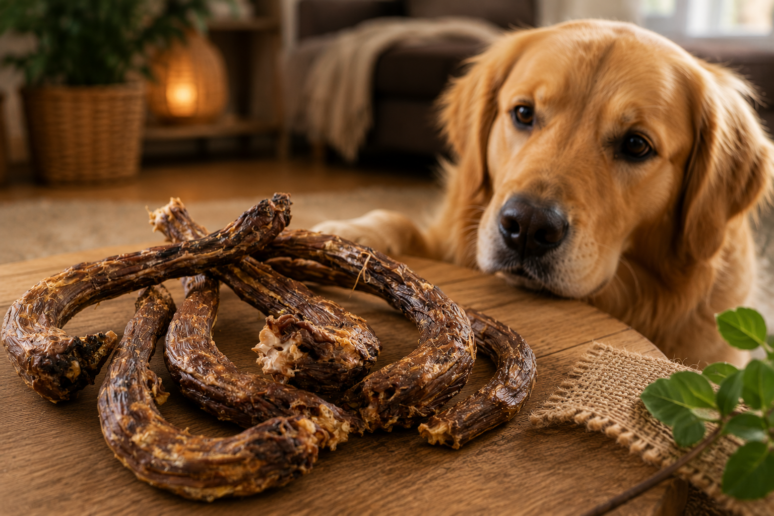 Getrocknete Gänsehälse für Hunde mit erwartungsvoll schauendem Hund im Hintergrund