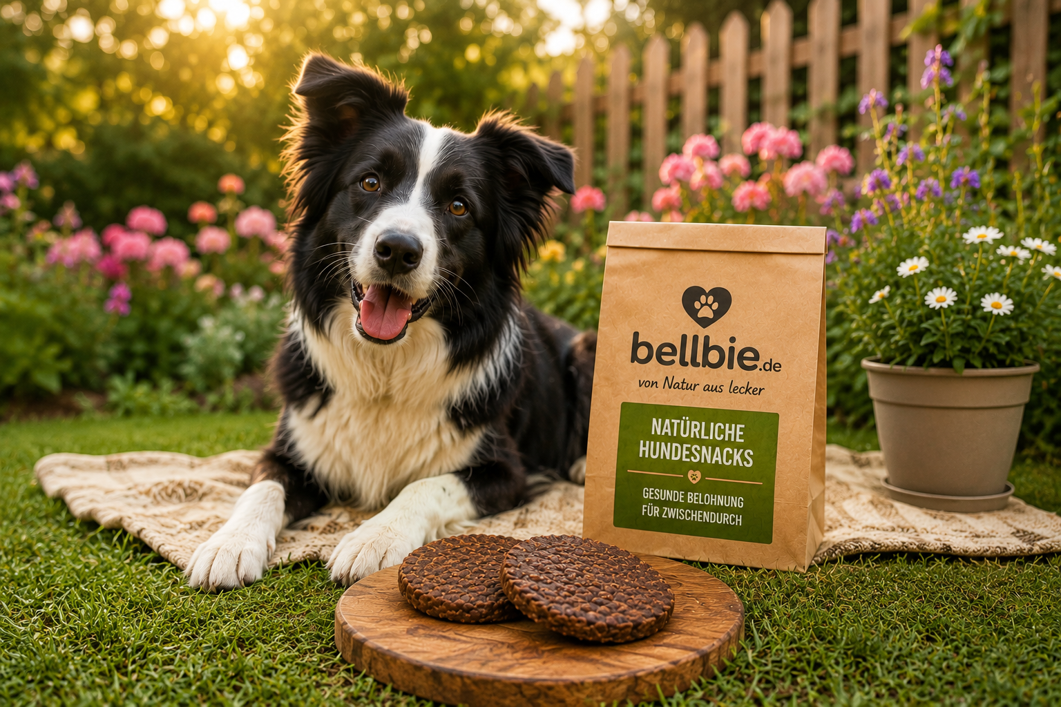 Border Collie im Garten mit Rinder-Burgern für Hunde und Bellbie Hundesnacks