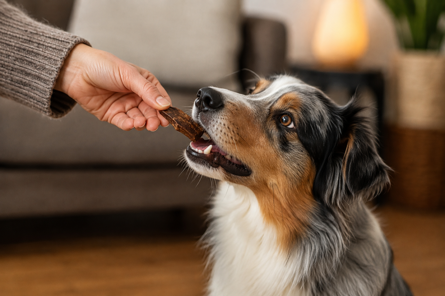 Hund bekommt ein Stück getrocknete Hirschlunge als natürlichen Snack zur Belohnung