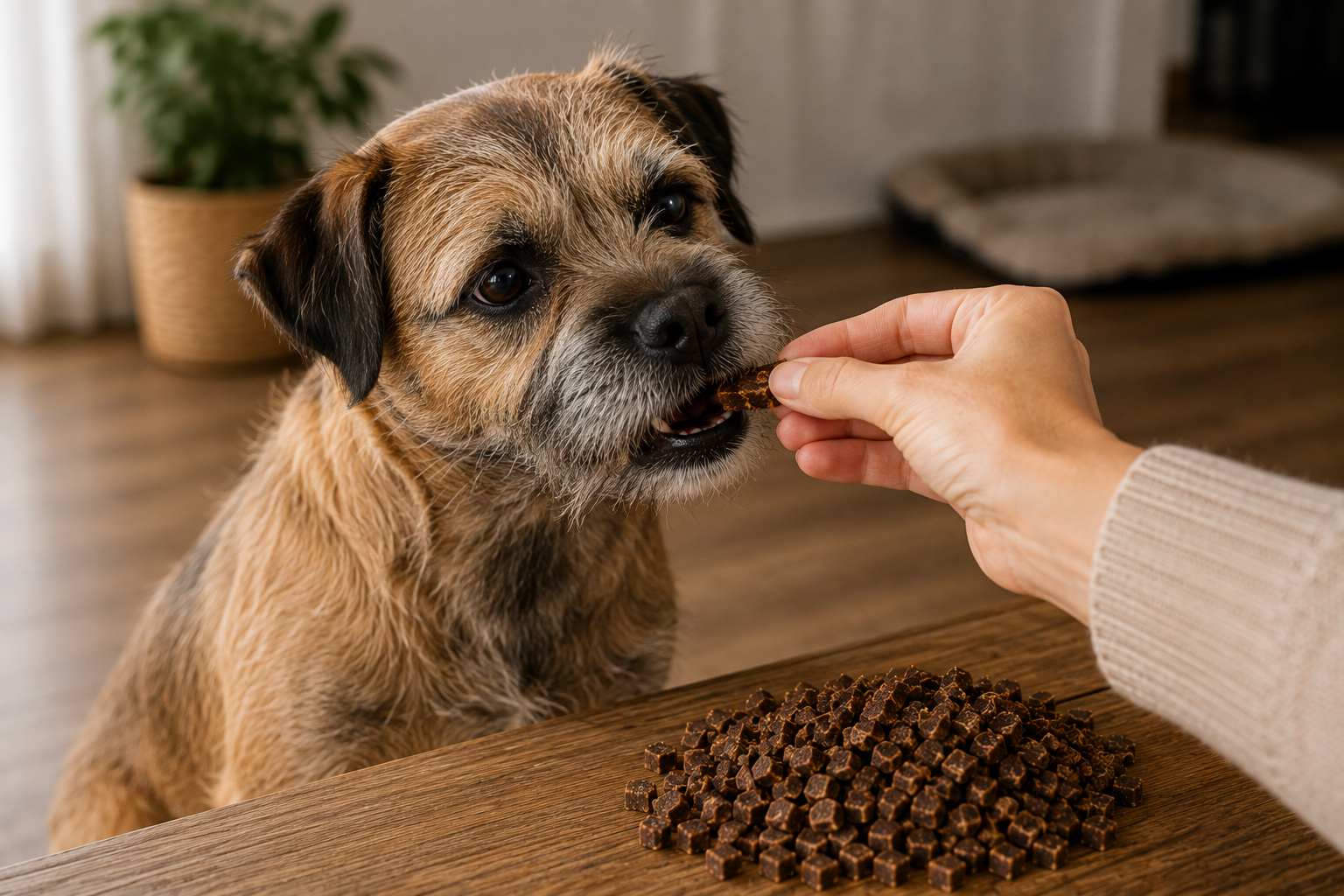 Border Terrier bekommt einen natürlichen Hundesnack als Belohnung aus der Hand gereicht