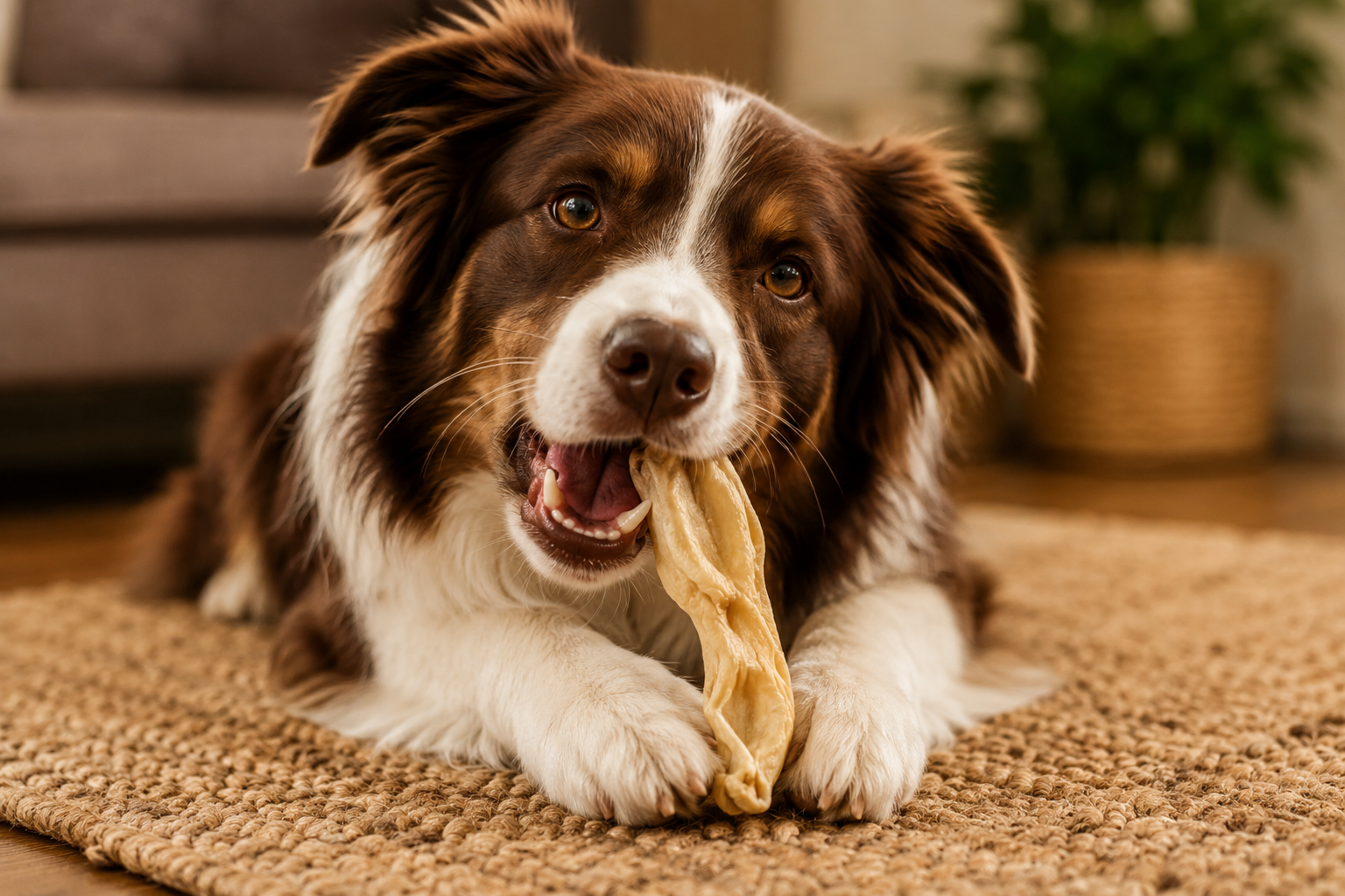 Hund kaut genüsslich ein getrocknetes Kaninchenohr als natürlichen Kausnack